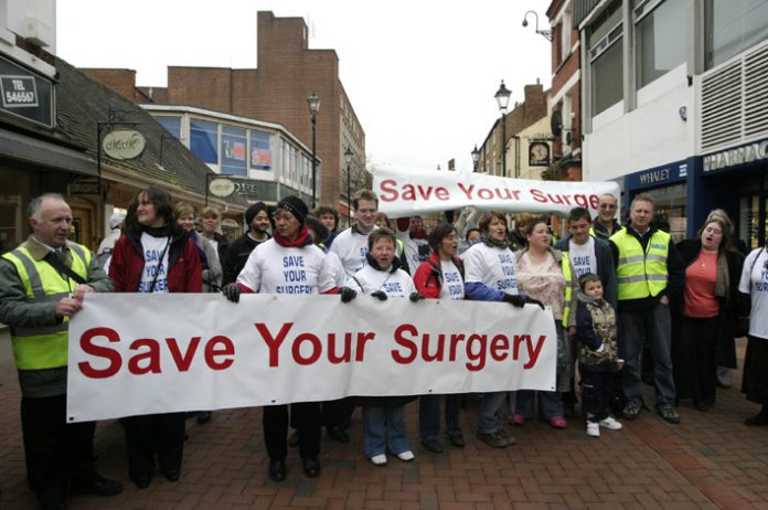 Demonstration in Rugby in March 2008 against the sell-off of GP surgeries