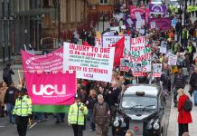 Lecturers and students marching from Kings College in central London last May against job cuts and tuition fees