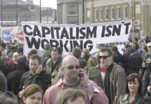 Anti-capitalist demonstrators taking to the streets of London following the crash of the banks in 2008. The crisis of mass unemployment and inflation is intensifying