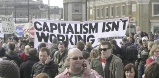 Anti-capitalist demonstrators taking to the streets of London following the crash of the banks in 2008. The crisis of mass unemployment and inflation is intensifying