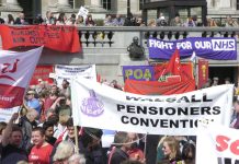 Pensioners at the rally in Trafalgar Square after last April’s ‘Defend the Welfare State’ march