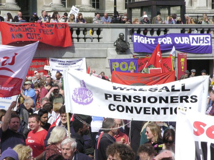 Pensioners at the rally in Trafalgar Square after last April’s ‘Defend the Welfare State’ march