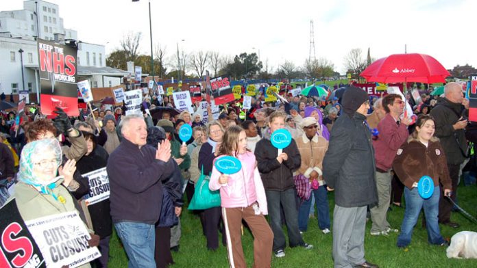 Section of a mass rally in front of St Helier Hospital determined to fight any NHS cuts