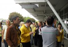 BA cabin crew entering their mass meeting at Kempton Park, yesterday mid-day, where no decision was taken to ballot for strike action