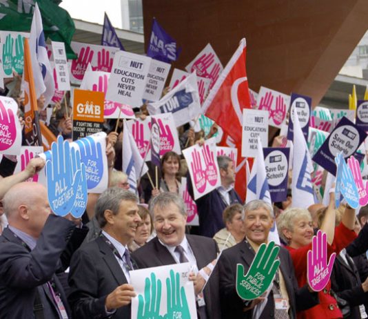 UNISON General Secretary DAVE PRENTIS (second from left) alongside Unite co-leaders SIMPSON and WOODLEY backed by delegates. The three leaders of the two biggest unions in the country are refusing to call for bringing down the coalition government