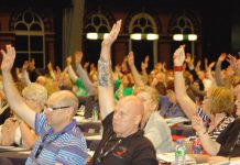 Congress delegates voting for the main resolution on Monday