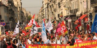 A section of the 220,000-strong crowd assembling for the march in Marseille yesterday