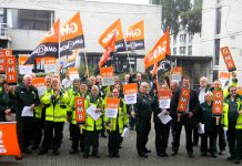 Ambulance and patient transfer crews lobby South London Healthcare NHS Trust Board yesterday morning