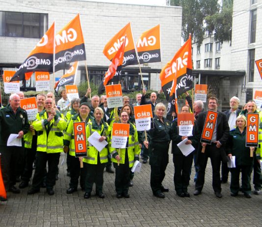 Ambulance and patient transfer crews lobby South London Healthcare NHS Trust Board yesterday morning