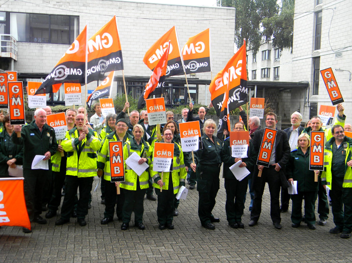 Ambulance and patient transfer crews lobby South London Healthcare NHS Trust Board yesterday morning