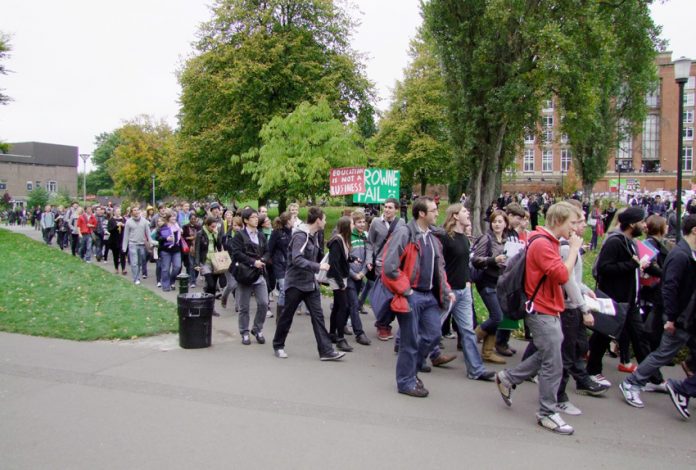 Birmingham students yesterday demonstrated against the coalition government’s decision to bring in unlimited university fees