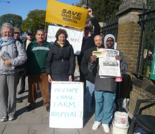 A section of yesterday’s picket of Chase Farm Hospital demanding that it should be kept open