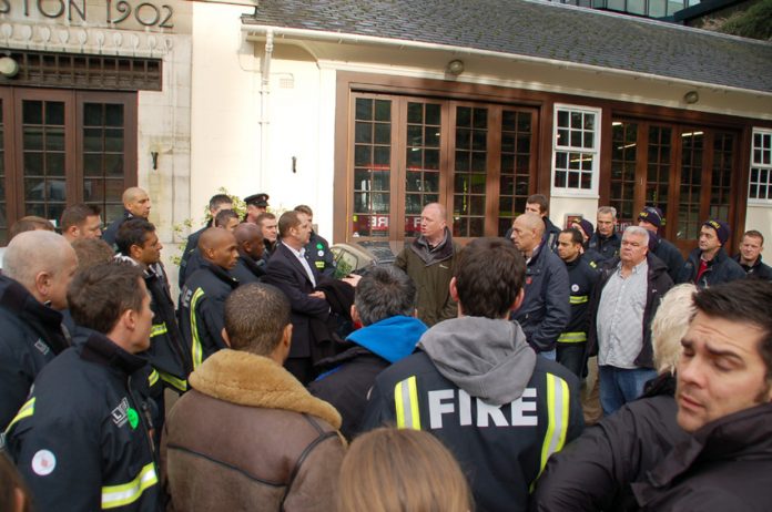 FBU General Secretary MATT WRACK speaking to firefighters outside Euston fire station at the start of their strike last Saturday
