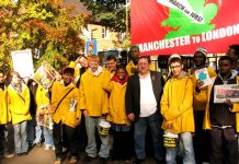 YS marchers assemble with local busworkers union official John Hughes before their march on Saturday