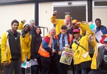 A group of marchers with supporters, busworkers PHIL PEAK and RODNEY GARNER who said ‘The way that these young people are standing up for their rights is brilliant’