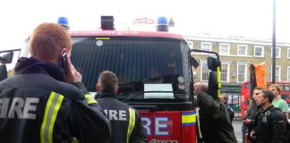 FBU General Secretary MATT WRACK and pickets having words with a scab crew at the Old Kent Road fire station