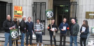 BBC NUJ members out on strike outside Bush House, London, yesterday morning