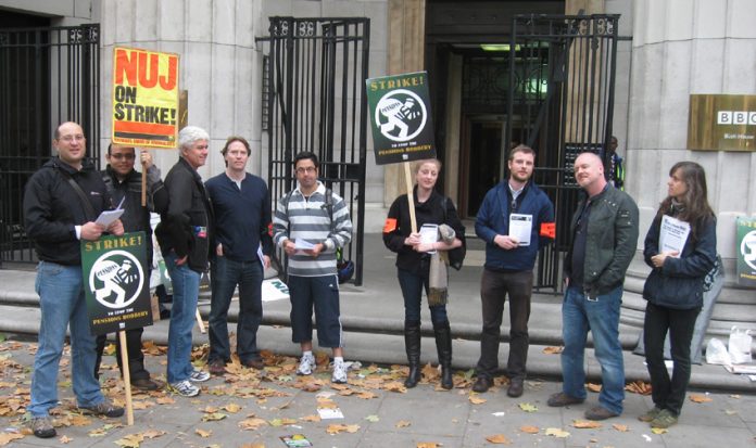 BBC NUJ members out on strike outside Bush House, London, yesterday morning