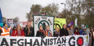 Ex -soldier JOE GLENTON (3rd from left) at the front of Saturday’s march against the war on Afghanistan