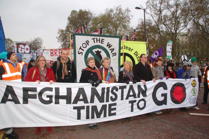 Ex -soldier JOE GLENTON (3rd from left) at the front of Saturday’s march against the war on Afghanistan