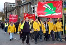 Young Socialist marchers lead the way to yesterday’s News Line Anniversary rally in the final mile of their journey from Manchester to London