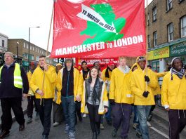YS March for Jobs contingent led Sunday’s march to the News Line Anniversary Rally in Queen Mary University in Mile End