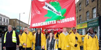 YS March for Jobs contingent led Sunday’s march to the News Line Anniversary Rally in Queen Mary University in Mile End