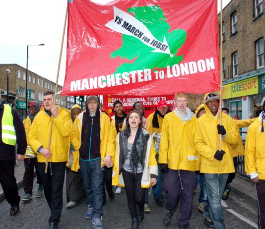 YS March for Jobs contingent led Sunday’s march to the News Line Anniversary Rally in Queen Mary University in Mile End