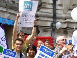 ATL and NASUWT placards at the lobby of parliament last July against education spending cuts