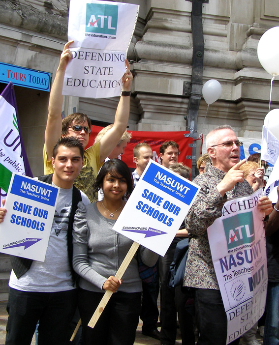 ATL and NASUWT placards at the lobby of parliament last July against education spending cuts