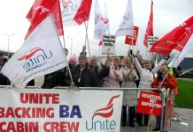 BA cabin crew in confident mood on the picket line at Heathrow last March