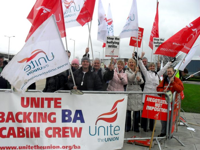 BA cabin crew in confident mood on the picket line at Heathrow last March