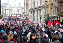 Students in Whitehall last Wednesday – are determined to prevent a massive increase in fees and to return to free state education