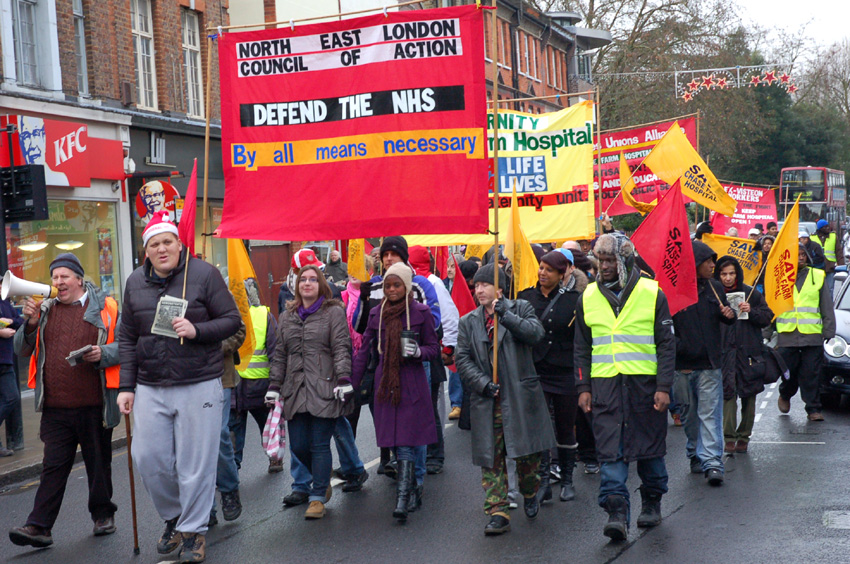 The front of Saturday’s march in Enfield demanding that Chase Farm Hospital be kept open