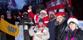 Christmas picket enthusiastically showing its determination to keep Chase Farm Hospital open