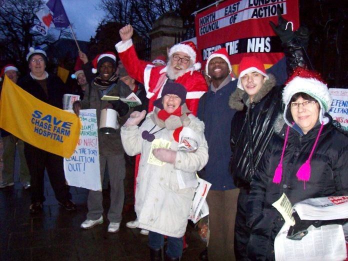 Christmas picket enthusiastically showing its determination to keep Chase Farm Hospital open
