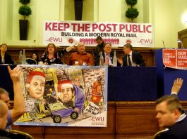 Platform of the ‘Keep the Post Public’ rally on Wednesday