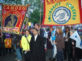 NUT banner on the October 20 demonstration against the Comprehensive Spending Review budget cuts announced in parliament that day