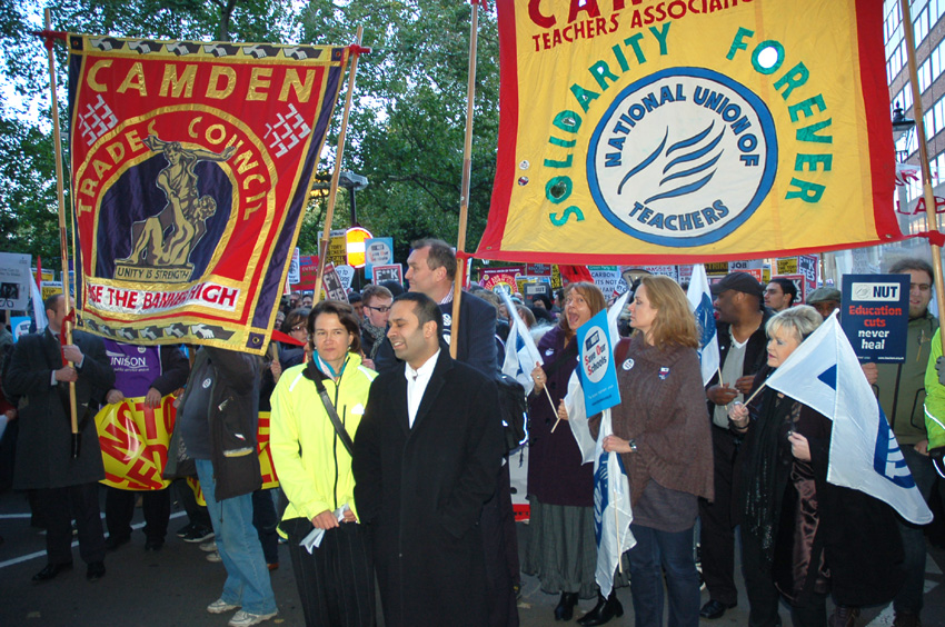 NUT banner on the October 20 demonstration against the Comprehensive Spending Review budget cuts announced in parliament that day