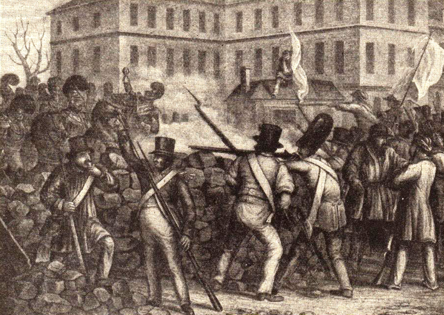 Defending the street barricades in 1848 (From a contemporary print)