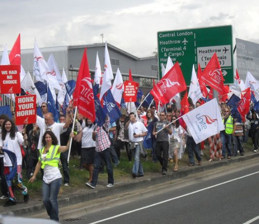 British Airways cabin crew march at Heathrow last June during their strike action in defence of jobs and conditions