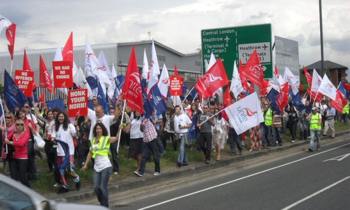 British Airways cabin crew march at Heathrow last June during their strike action in defence of jobs and conditions