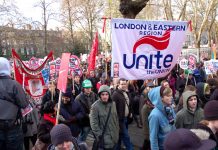 The London and Eastern Region banner of Unite on the massive student demonstration in London on December 9