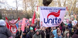 The London and Eastern Region banner of Unite on the massive student demonstration in London on December 9