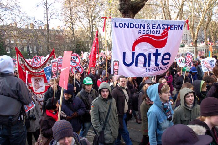 The London and Eastern Region banner of Unite on the massive student demonstration in London on December 9