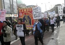 Camden GPs marching against NHS privatisation. Meanwhile the Tory-led coalition says that under-5s don’t need anti-flu jabs