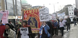 Camden GPs marching against NHS privatisation. Meanwhile the Tory-led coalition says that under-5s don’t need anti-flu jabs