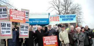 Residents rally outside King George Hospital just before their march to defend it last year