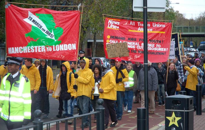 The YS March for Jobs called for a General Strike to bring down the coalition as it marched through east London on Sunday November 21