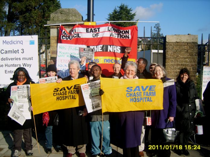 The North-East London Council of Action picketing yesterday morning to keep Chase Farm Hospital open